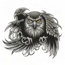 owl, dragon, wolf eagle fish native American warrior riding chains of flames around a mountain  tattoo design idea