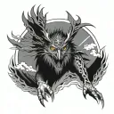 owl, dragon, wolf eagle fish native American warrior riding chains of flames around a mountain  tattoo design idea