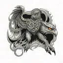 owl, dragon, wolf eagle fish native American warrior riding chains of flames around a mountain  tattoo design idea