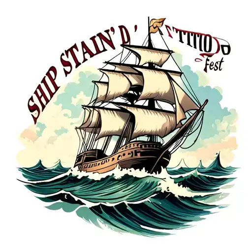 "SHIP' STAIN'D TATTOO FEST" clipper ship in stormy seas tattoo design idea