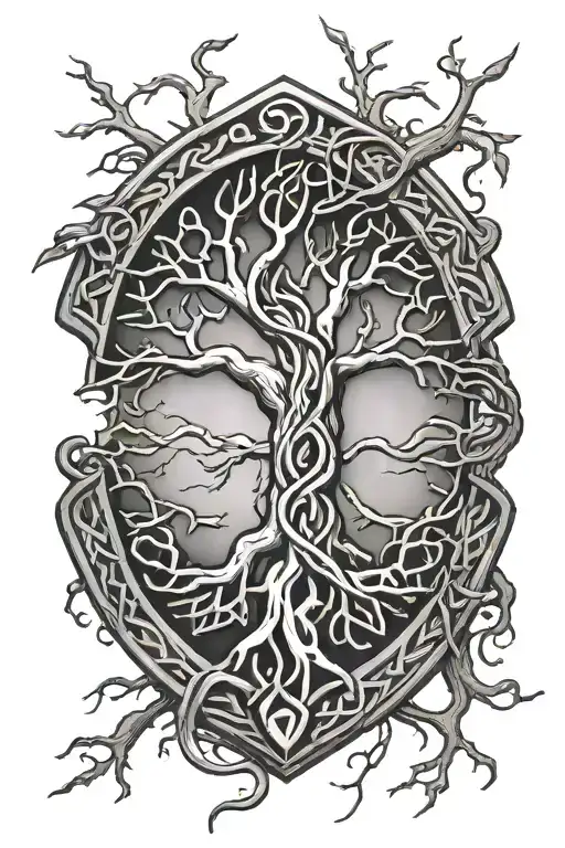 boldy lined celtic tree of life knot growing out of a cracked wooden shield with thick overgrowing tendrils reaching out tattoo design idea