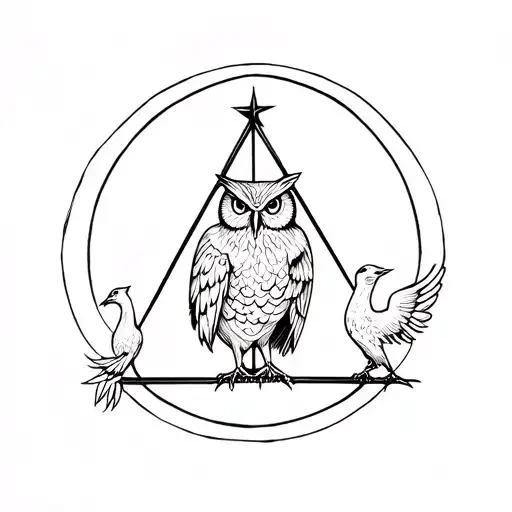 deathly hollows with owl and phoenix  tattoo design idea