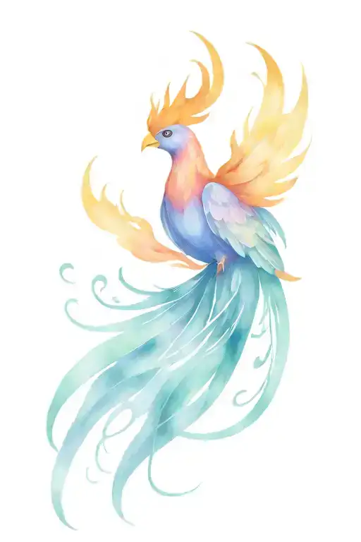 Phoenix bird emerging from the flames with its wings open and looking forward, on blue and violets  tattoo design idea