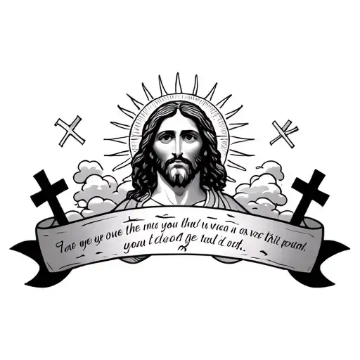 bible verse tattoo with jesus face, crosses, and the sun and clouds tattoo design idea