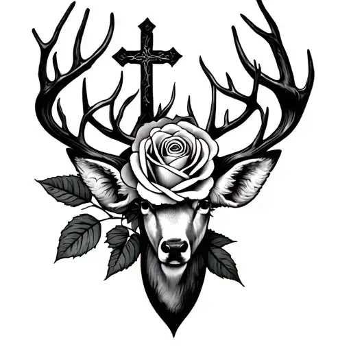 somthing that signifies light in the darkness with a rose and a cross and a deer tattoo design idea