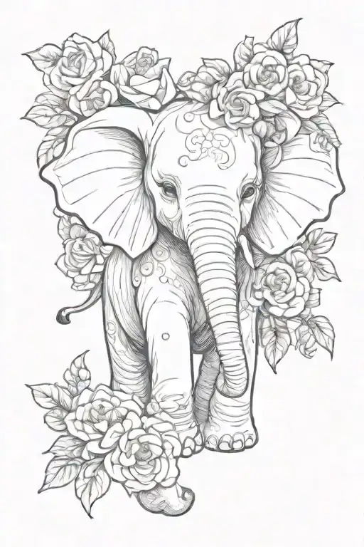 baby elephant surrounded by flowers baby angel tattoo design idea