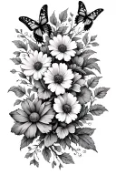 vine wrapping around the forearm with butterflies, marigold flowers and cosmo flowers tattoo design idea