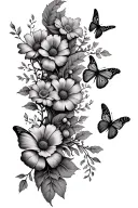 vine wrapping around the forearm with butterflies, marigold flowers and cosmo flowers tattoo design idea