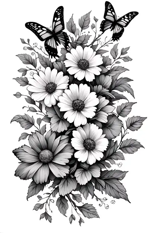 vine wrapping around the forearm with butterflies, marigold flowers and cosmo flowers tattoo design idea