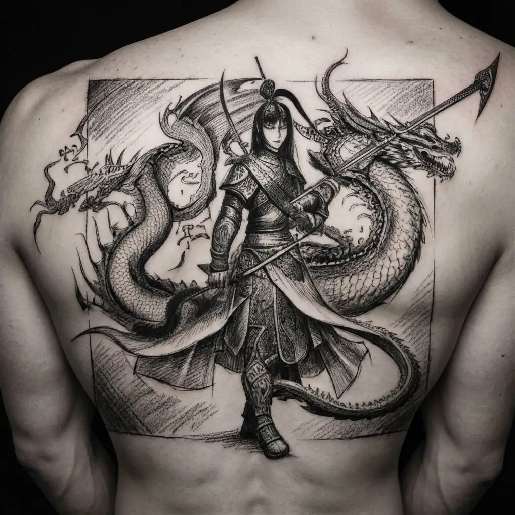 beautiful female Chinese warrior with sword covering half of face with dragon in background tattoo design idea