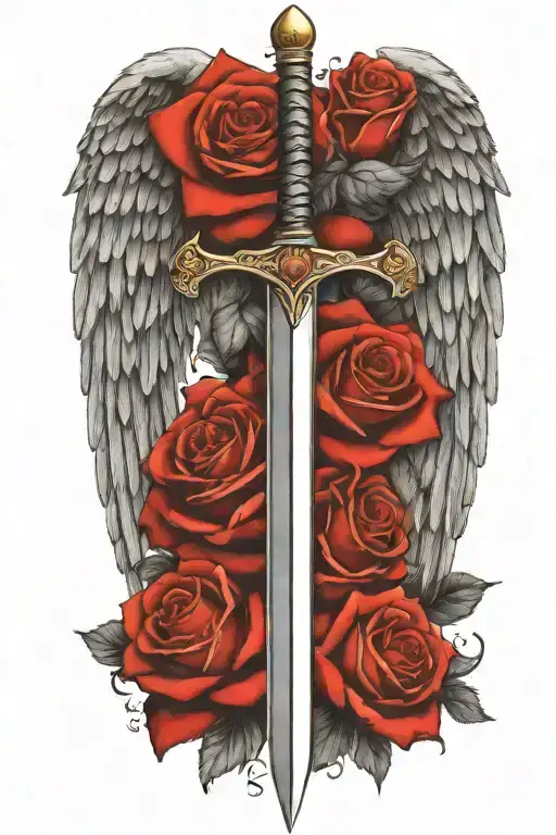 angel wings behind sword, roses tattoo design idea