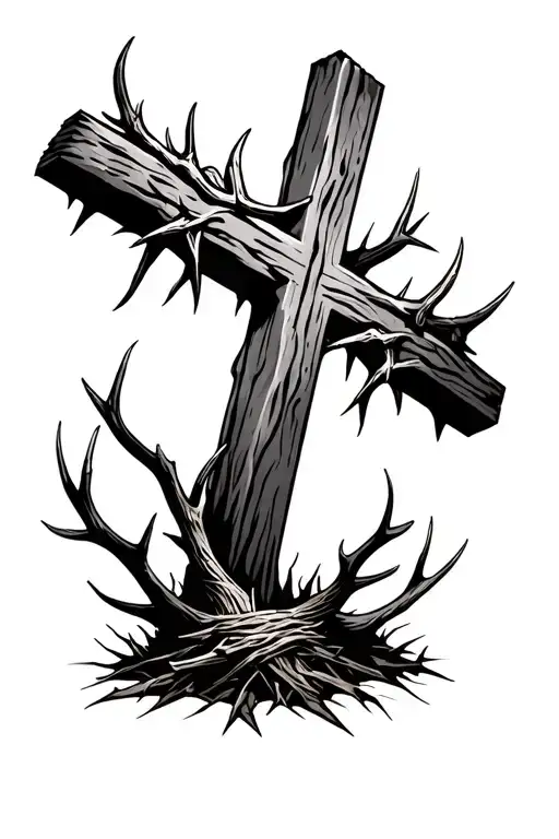 a rustic cross coming out of the ground with a crown of thorns and a bed of antlers tattoo tattoo design idea