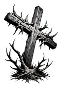 a rustic cross coming out of the ground with a crown of thorns and a bed of antlers tattoo tattoo design idea