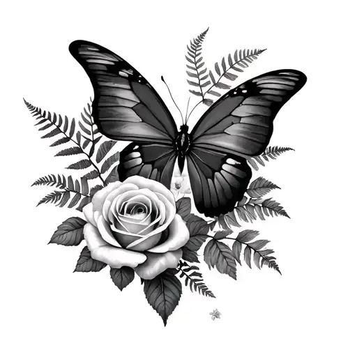 Fern, Rose, Ranunculus, butterfly tattoo design idea