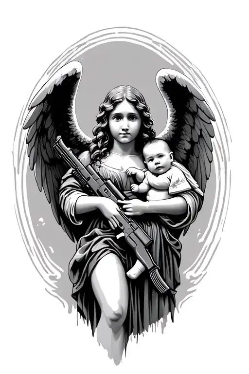 Angel with AK AK 47 Holding A Baby tattoo design idea
