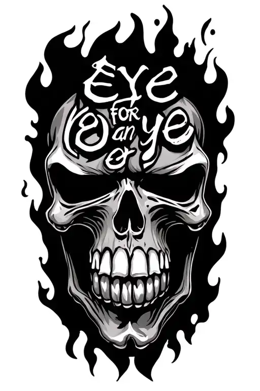 angry skull that says eye for an eye with old writing vehind with flames coming up from the wrist tattoo design idea