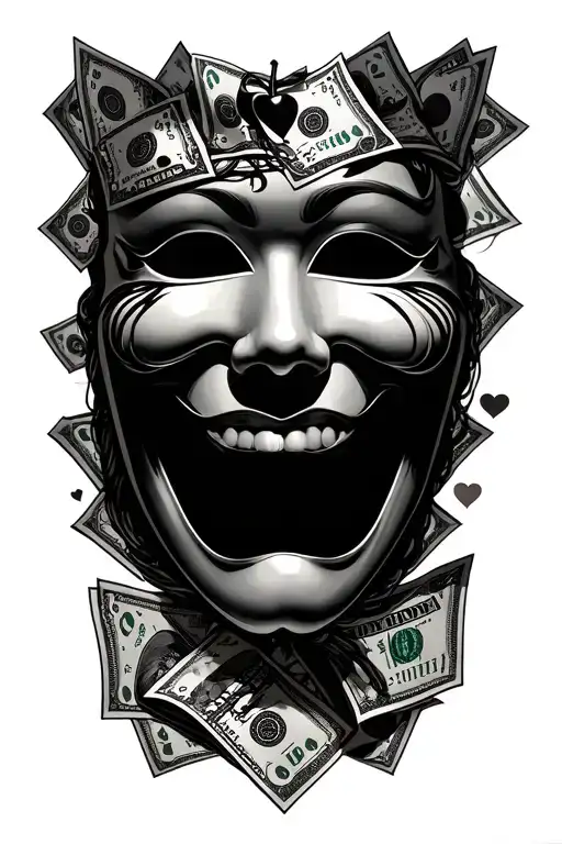 hustle theme , money signs ,smile now cry later masks cherries queen of hearts dollar bills Corpus Christi sky line tattoo design idea