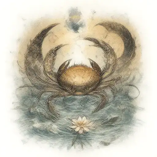 A tattoo design that includes the symbols of the Cancer zodiac sign: a crab, the moon, water, stars, and a lily flower.  tattoo design idea