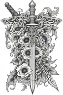 sword with flames and poppy flowers intertwined tattoo design idea