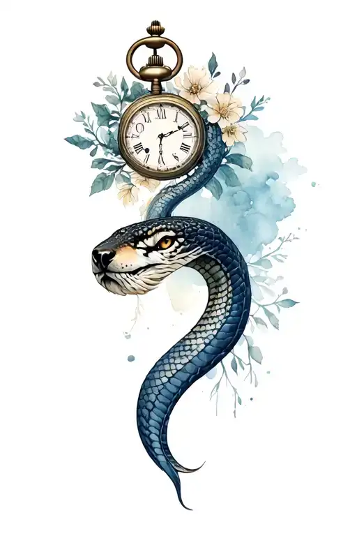 Snake that wraps around a broken pocket watch, a half -wolf face, a tree of life, runes and flowers tattoo design idea
