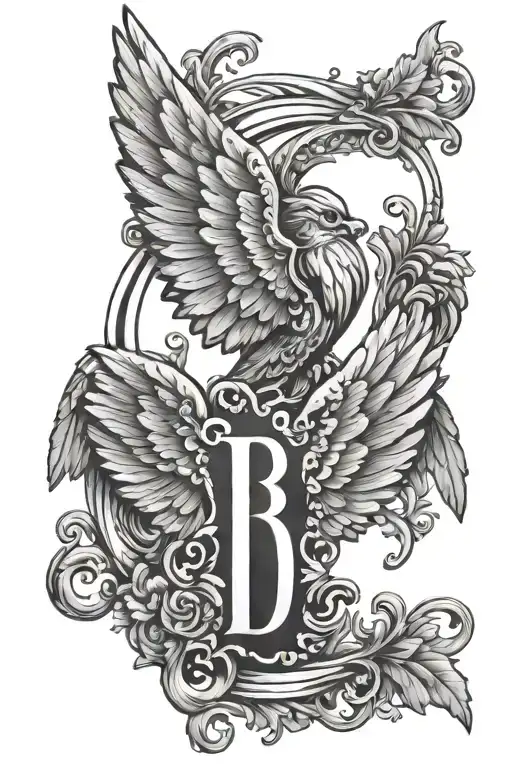 letter b and angel wings tattoo design idea