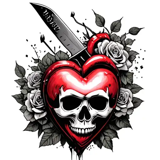 a heart with a knife stabbing into it with a skull and roses around it with laugh now cry later drama masks tattoo design idea