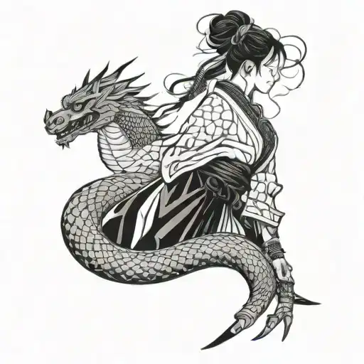 Beautiful tattoo with a samurai girl and a Chinese dragon on her arm tattoo design idea