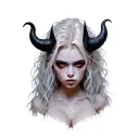 Sexy Pale Girl, Petite, Big Boobs, Wide Hips, G-string. Messy Hair, Demonic Horns, Sexual tattoo design idea