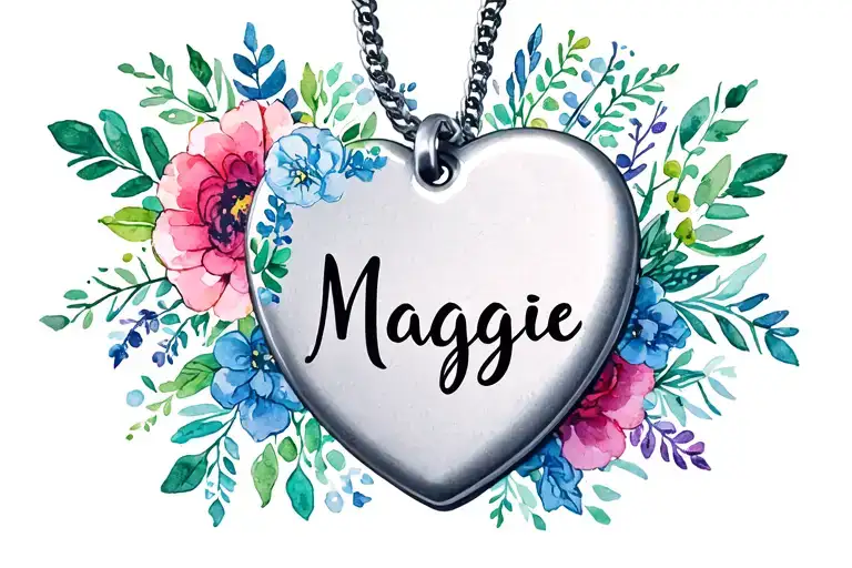 heart shaped dog tag with Maggie on it surrounded by By Bold Floral tattoo design idea