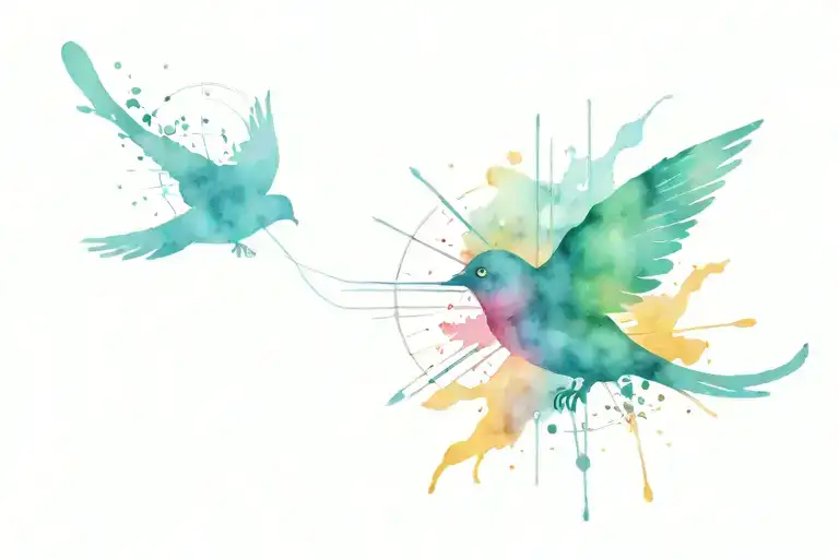 Songbird script cursive writing with music notes splashes of color and a compass, add music notes tattoo design idea