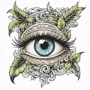 semi realistic eye surrounded laurel wreath wrapped tattoo design idea