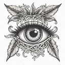 semi realistic eye surrounded laurel wreath wrapped tattoo design idea