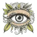 semi realistic eye surrounded laurel wreath wrapped tattoo design idea