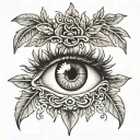 semi realistic eye surrounded laurel wreath wrapped tattoo design idea