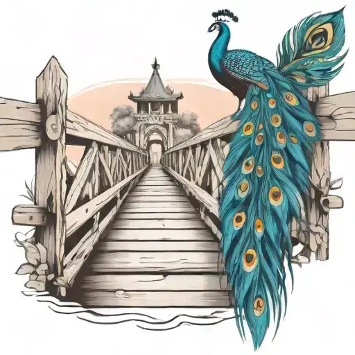 black and white wooden bridge with colorful peacock feather  tattoo design idea