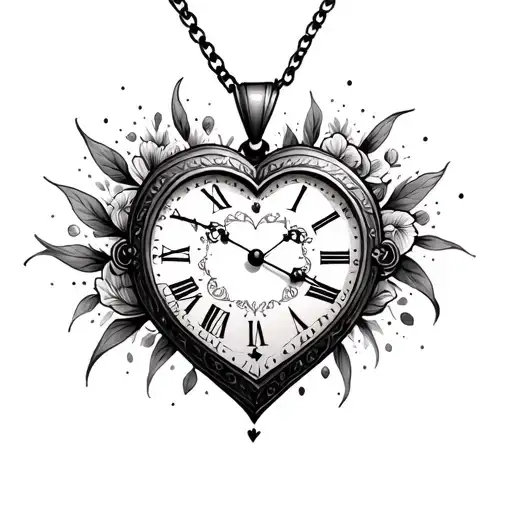 clock and heart shaped locket tattoo design idea