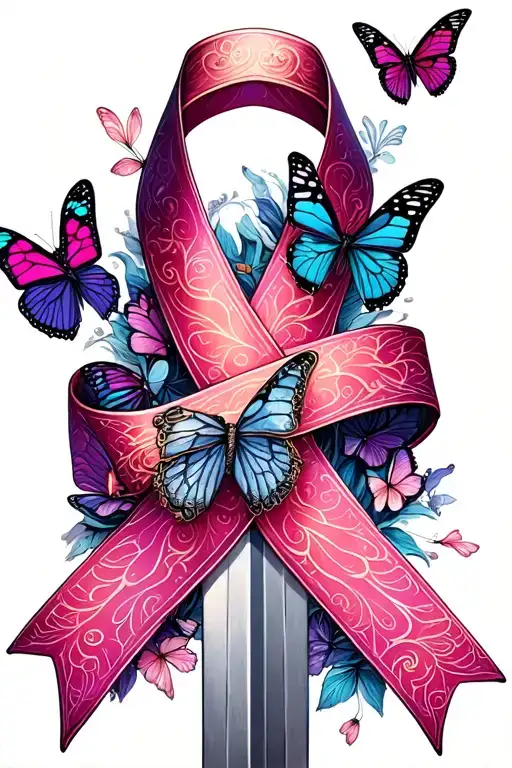 cancer ribbon wrapped around a sword sruounded by butterflys tattoo design idea