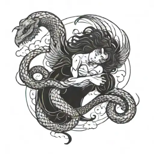 fallen angel surrounded by snakes under rainy stormy clouds tattoo design idea