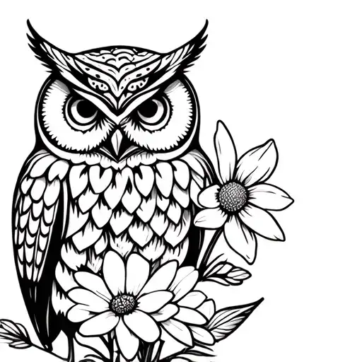owl with daffodils, daisy, sweet pea, peonies tattoo design idea