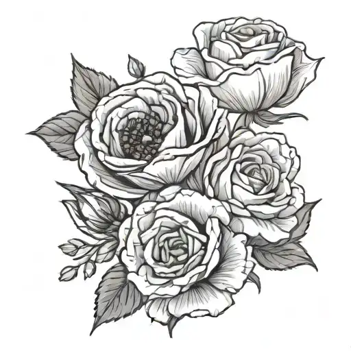 fine line bouquet with a poppy flower a rose a August birth flower, and a April birth flower with the stems tattoo design idea