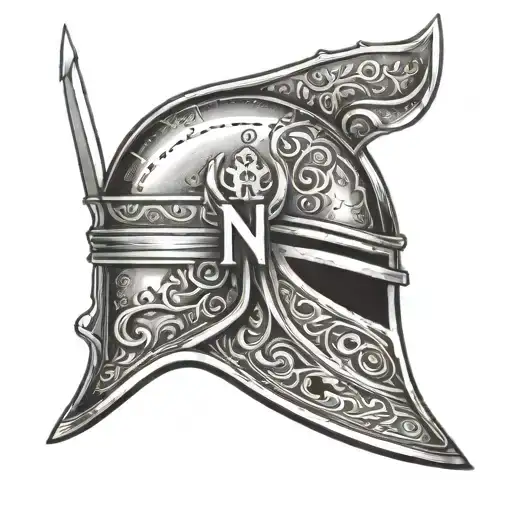 a realistic knight helmet with a cross as eye line and the letters N on the right side and E on the left. inside a circl tattoo design idea