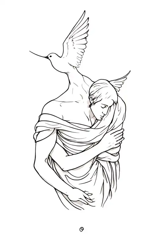 Design:	•	A minimalist body outline (like Marat’s) resting, but peaceful.	•	A small dove flying upward from the chest. tattoo design idea