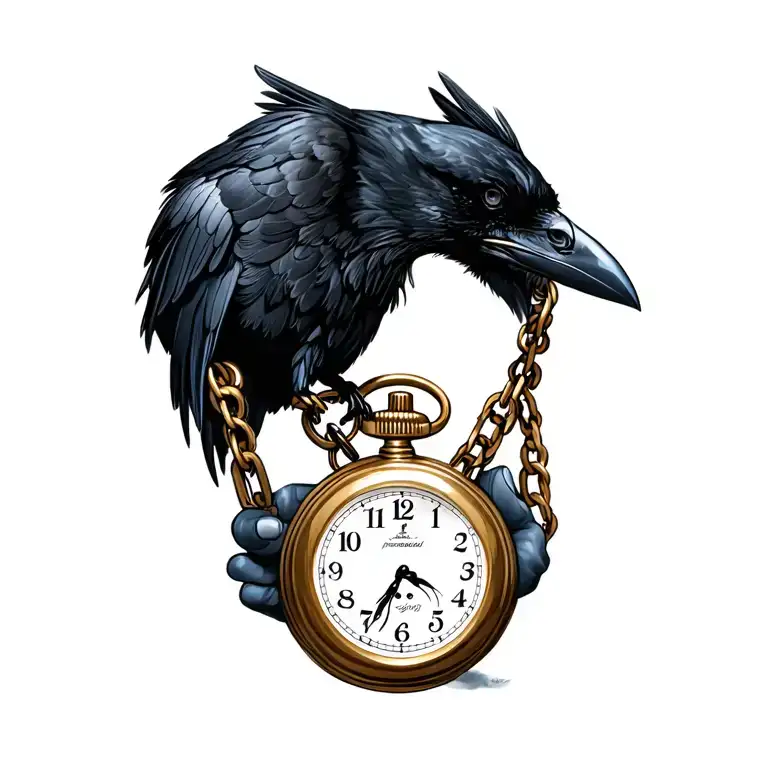 raven holding pocketwatch tattoo design idea