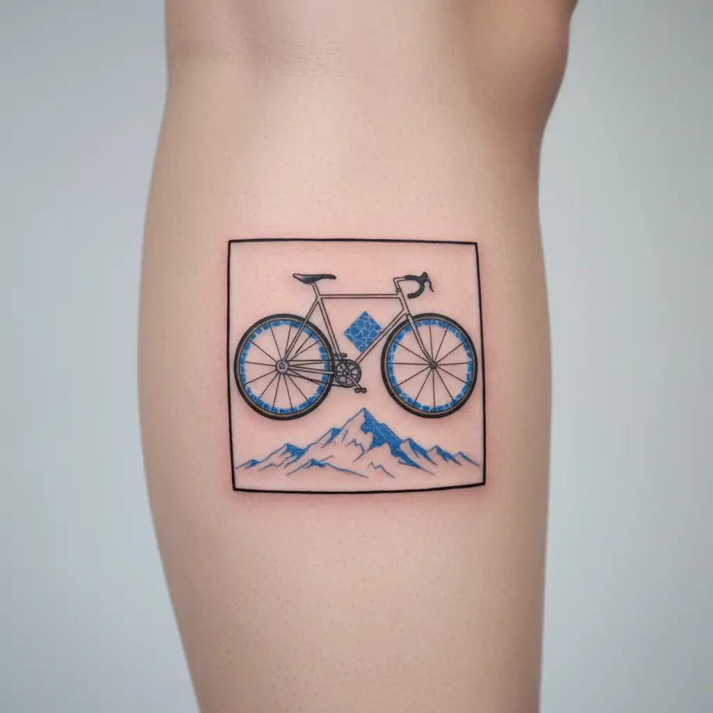 a giant style road bike with the portuguese blue tiles inside the wheels, with a mountain scape in the background  tattoo design idea