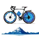 a giant style road bike with the portuguese blue tiles inside the wheels, with a mountain scape in the background  tattoo design idea