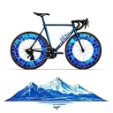 a giant style road bike with the portuguese blue tiles inside the wheels, with a mountain scape in the background  tattoo design idea