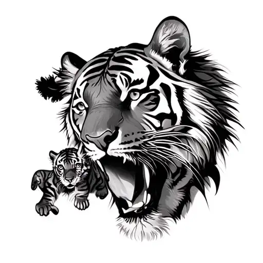 male adult tiger head with 2 tiger cubs play fighting underneath tattoo design idea