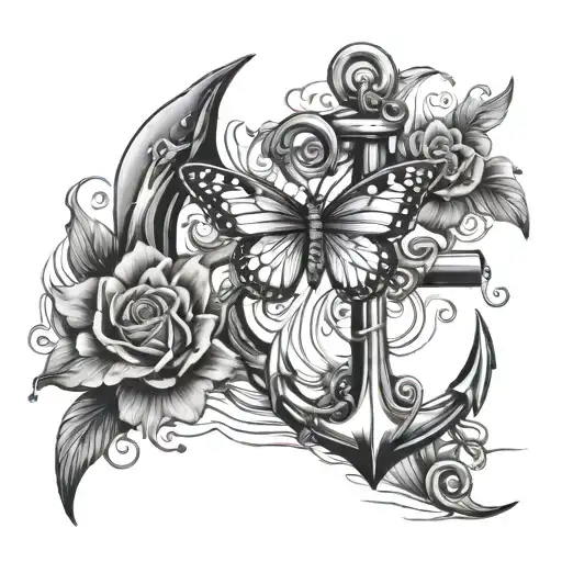 butterfly anchor dolphins swimming tattoo design idea