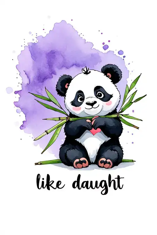panda sitting with watercolor under it holding bamboo that says "like daught" that forms a half heart with the bamboo go tattoo design idea