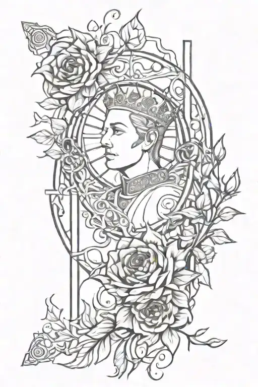 Half arm sleeve tattoo, the emperor tarot card wrapped by thorns, flamming vines, mandala, full of anger and sorrow tattoo design idea